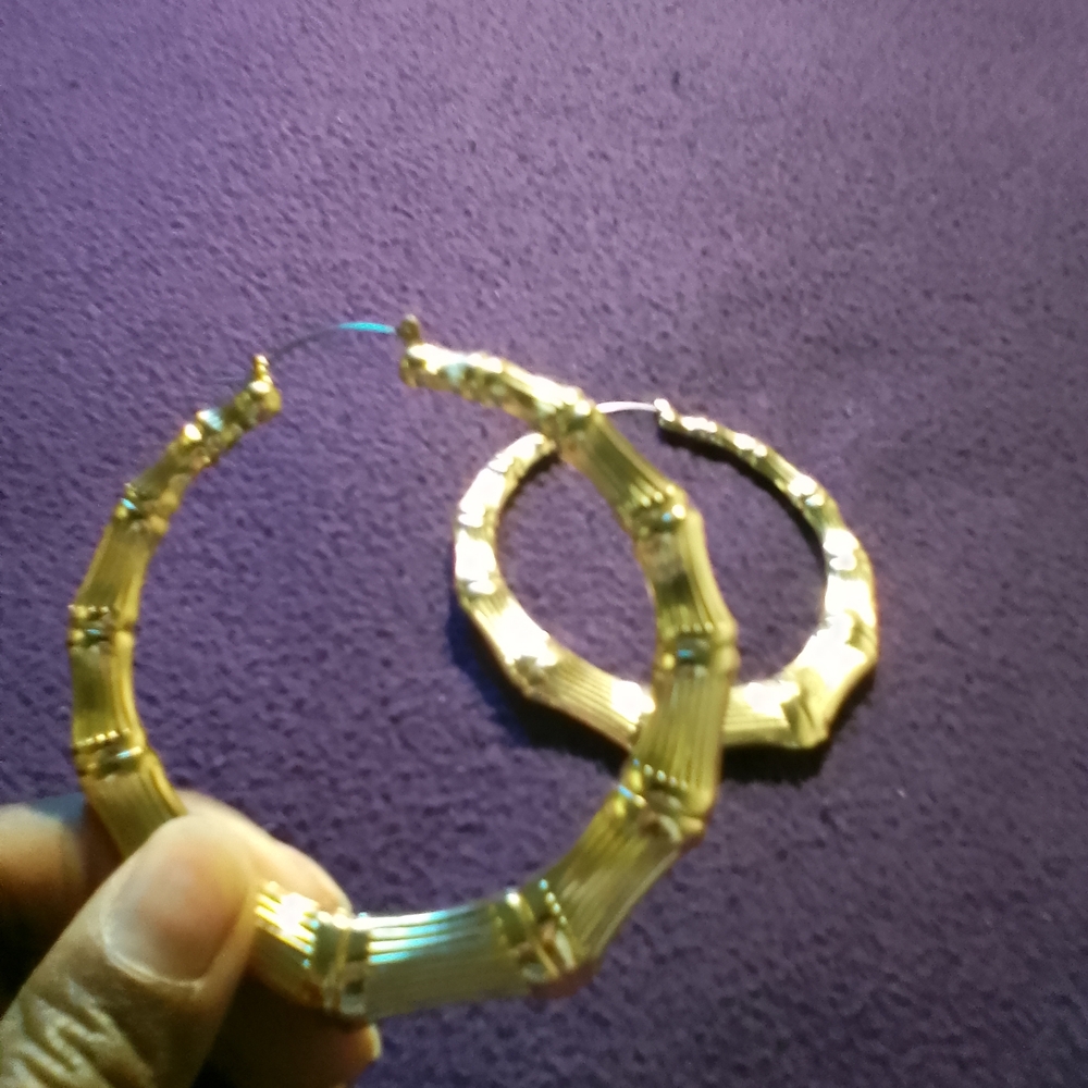 Gold Textured Bamboo-Style Hoop Earrings - Women Jewelry